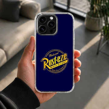 Blue phone case featuring a bold yellow Rust-Eze racing logo artwork — Lifestyle