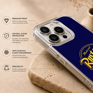 Blue phone case featuring a bold yellow Rust-Eze racing logo artwork — Info
