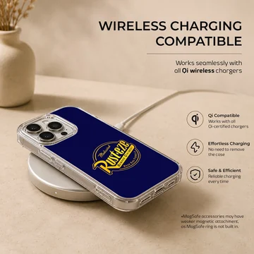 Blue phone case featuring a bold yellow Rust-Eze racing logo artwork — Charging