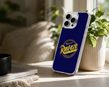 Blue phone case featuring a bold yellow Rust-Eze racing logo artwork — Lifestyle