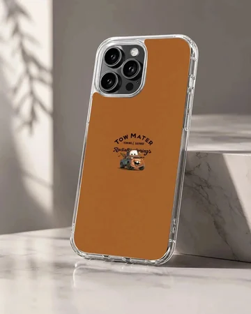 Rusty tow truck cartoon illustration with Radiator Springs typography on an orange background phone case