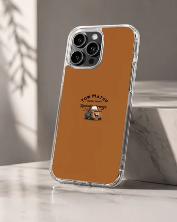 Rusty tow truck cartoon illustration with Radiator Springs typography on an orange background phone case — Hero