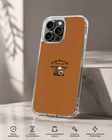 Rusty tow truck cartoon illustration with Radiator Springs typography on an orange background phone case — Specs