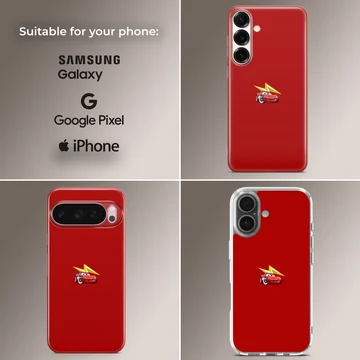 Bright red race car illustration with a yellow lightning bolt accent on a solid red background phone case — Collage