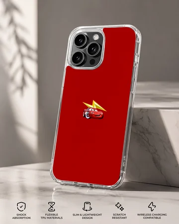 Bright red race car illustration with a yellow lightning bolt accent on a solid red background phone case — Specs