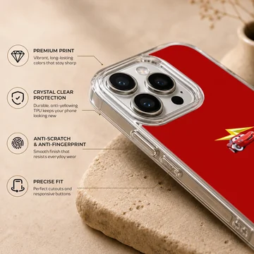 Bright red race car illustration with a yellow lightning bolt accent on a solid red background phone case — Info