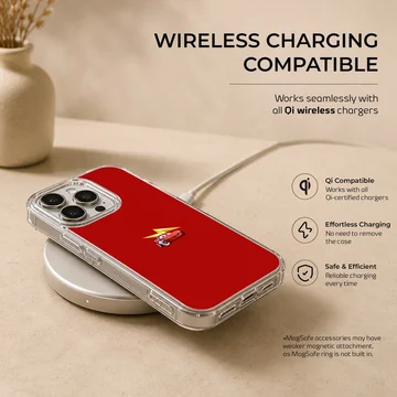 Bright red race car illustration with a yellow lightning bolt accent on a solid red background phone case — Charging