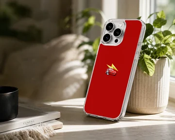 Bright red race car illustration with a yellow lightning bolt accent on a solid red background phone case — Lifestyle