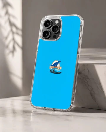 A vibrant blue phone case featuring a small race car and dinosaur logo graphic in the center. — Hero