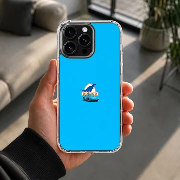 A vibrant blue phone case featuring a small race car and dinosaur logo graphic in the center. — Lifestyle