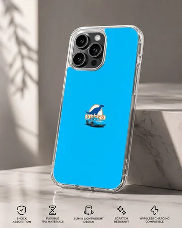 A vibrant blue phone case featuring a small race car and dinosaur logo graphic in the center. — Specs