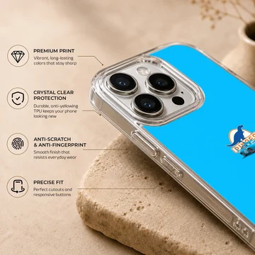 A vibrant blue phone case featuring a small race car and dinosaur logo graphic in the center. — Info
