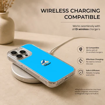 A vibrant blue phone case featuring a small race car and dinosaur logo graphic in the center. — Charging