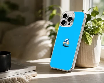A vibrant blue phone case featuring a small race car and dinosaur logo graphic in the center. — Lifestyle