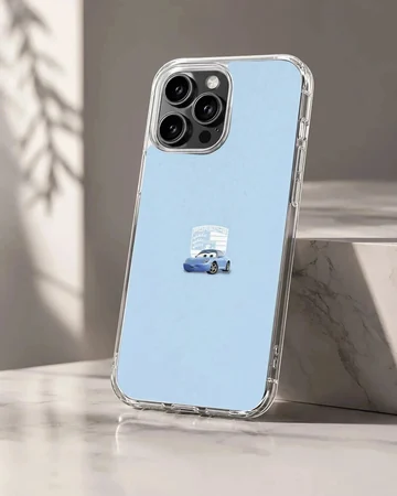 Minimalist blue sports car illustration on a light blue background phone case
