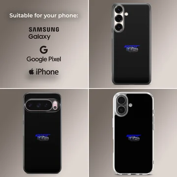 Blue racing car graphic illustration on a black phone case — Collage