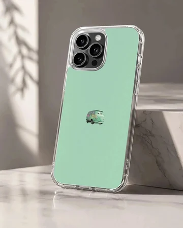 Minimalist green vintage van graphic centered on a solid mint green background phone case