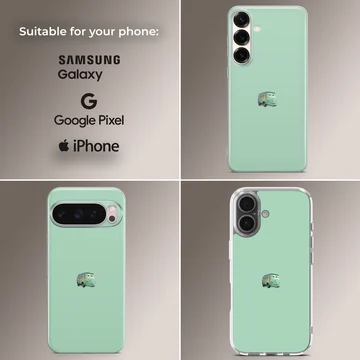 Minimalist green vintage van graphic centered on a solid mint green background phone case — Collage