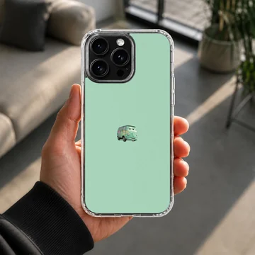 Minimalist green vintage van graphic centered on a solid mint green background phone case — Lifestyle