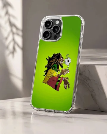 Cartoon weed illustration on a vibrant green phone case