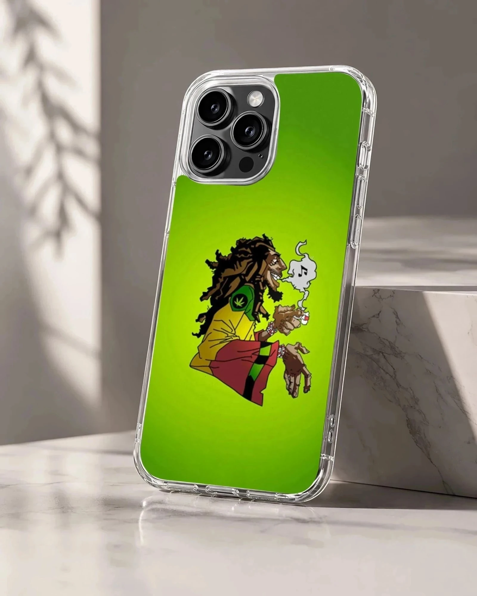 Cartoon weed illustration on a vibrant green phone case