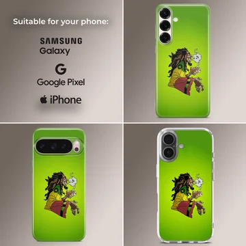 Cartoon weed illustration on a vibrant green phone case — Collage