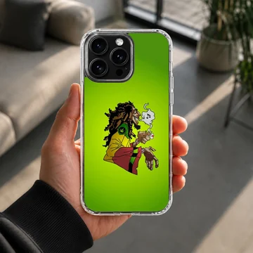 Cartoon weed illustration on a vibrant green phone case — Lifestyle