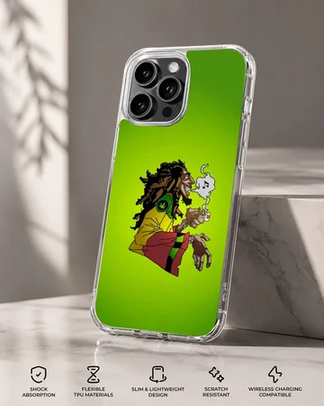 Cartoon weed illustration on a vibrant green phone case — Specs