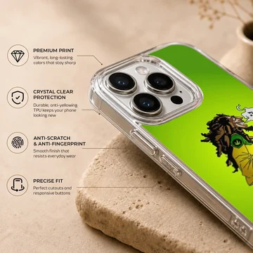 Cartoon weed illustration on a vibrant green phone case — Info