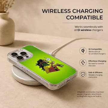 Cartoon weed illustration on a vibrant green phone case — Charging