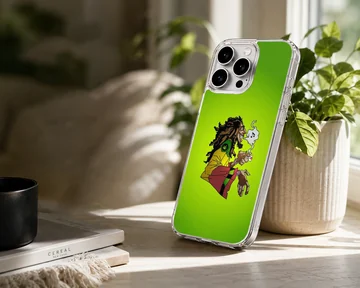 Cartoon weed illustration on a vibrant green phone case — Lifestyle