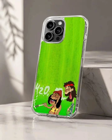 Cartoon illustration of two relaxed stoner characters with a green backdrop on a phone case