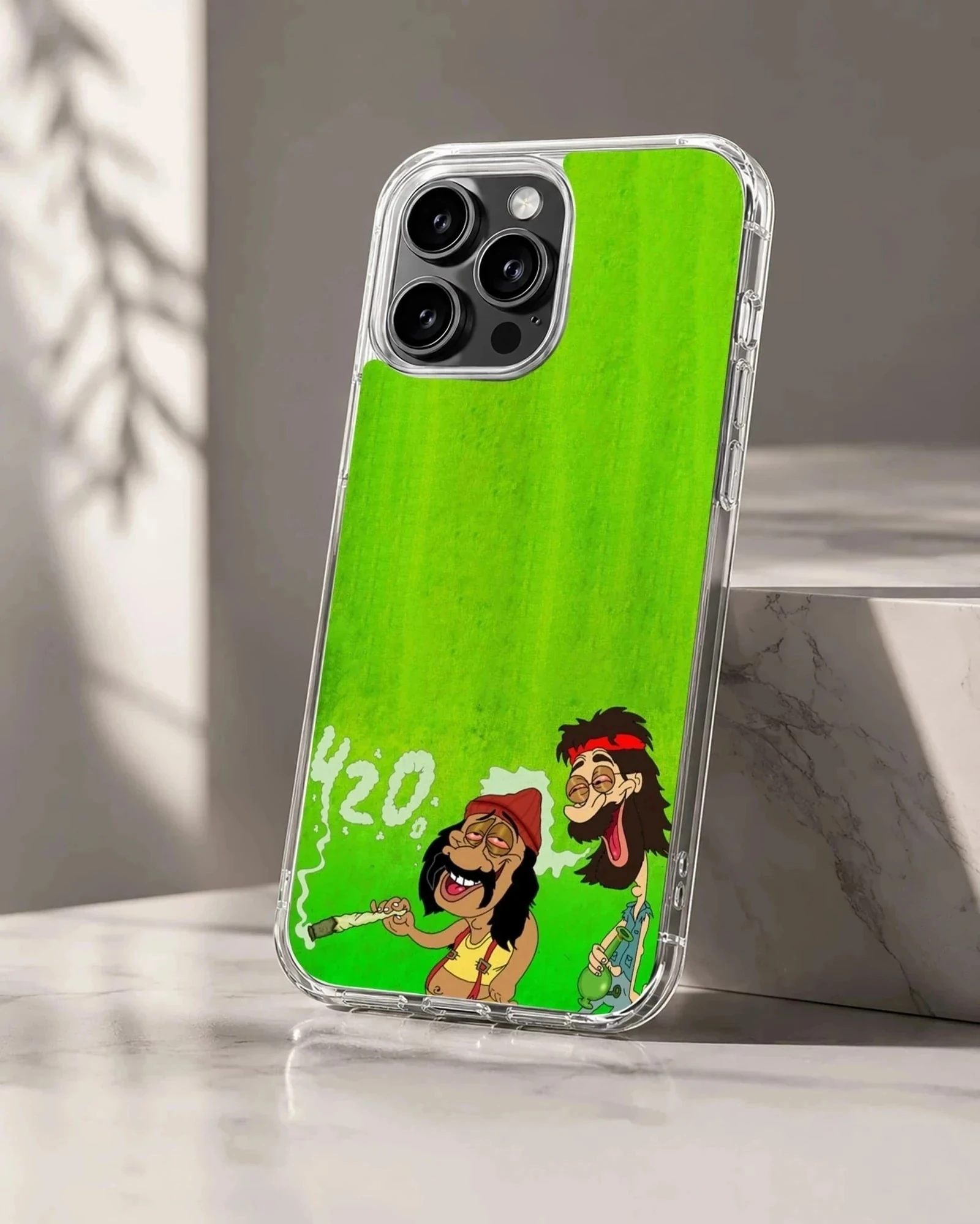 Cartoon illustration of two relaxed stoner characters with a green backdrop on a phone case