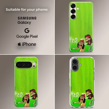 Cartoon illustration of two relaxed stoner characters with a green backdrop on a phone case — Collage