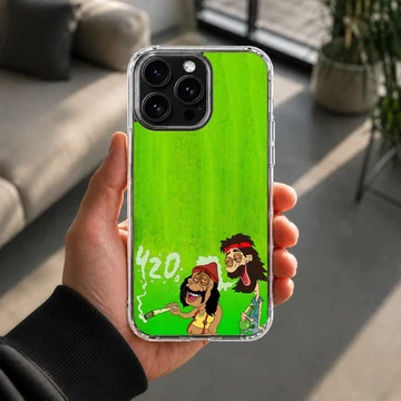 Cartoon illustration of two relaxed stoner characters with a green backdrop on a phone case — Lifestyle
