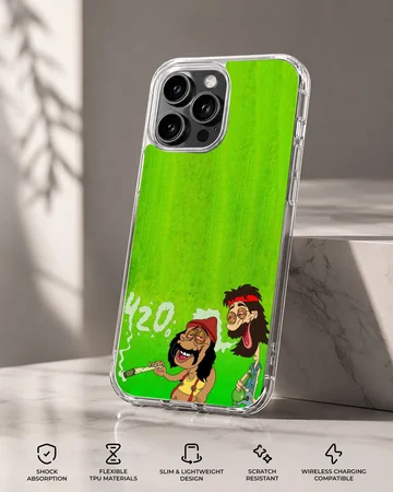 Cartoon illustration of two relaxed stoner characters with a green backdrop on a phone case — Specs