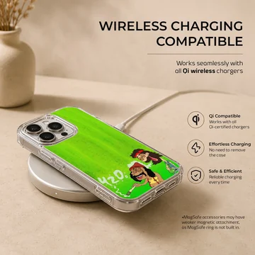 Cartoon illustration of two relaxed stoner characters with a green backdrop on a phone case — Charging
