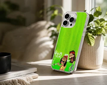 Cartoon illustration of two relaxed stoner characters with a green backdrop on a phone case — Lifestyle