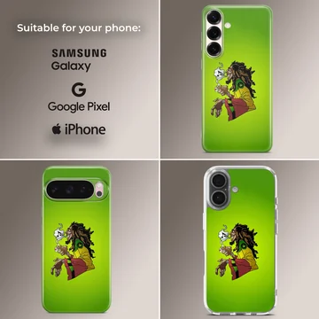 Animated cartoon illustration of a reggae music icon with dreadlocks against a solid green background phone case — Collage