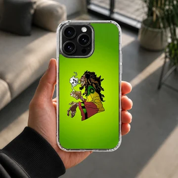 Animated cartoon illustration of a reggae music icon with dreadlocks against a solid green background phone case — Lifestyle