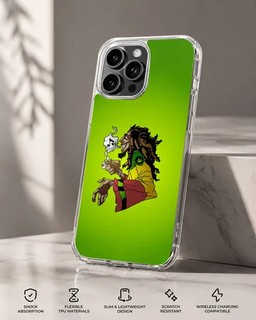 Animated cartoon illustration of a reggae music icon with dreadlocks against a solid green background phone case — Specs