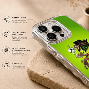 Animated cartoon illustration of a reggae music icon with dreadlocks against a solid green background phone case — Info