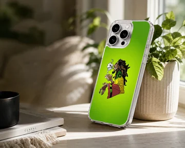 Animated cartoon illustration of a reggae music icon with dreadlocks against a solid green background phone case — Lifestyle