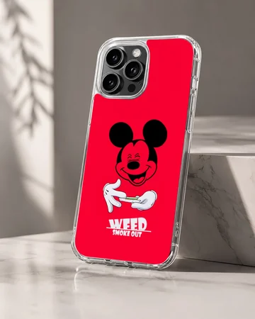 A vibrant red phone case with cartoon character art and bold typography that reads weed smoke out. — Hero