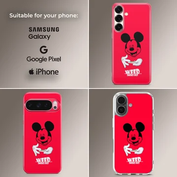 A vibrant red phone case with cartoon character art and bold typography that reads weed smoke out. — Collage