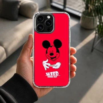 A vibrant red phone case with cartoon character art and bold typography that reads weed smoke out. — Lifestyle