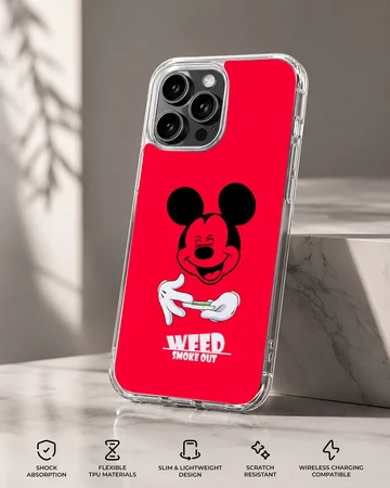 A vibrant red phone case with cartoon character art and bold typography that reads weed smoke out. — Specs