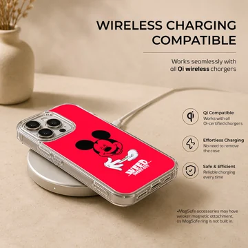 A vibrant red phone case with cartoon character art and bold typography that reads weed smoke out. — Charging