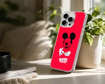 A vibrant red phone case with cartoon character art and bold typography that reads weed smoke out. — Lifestyle