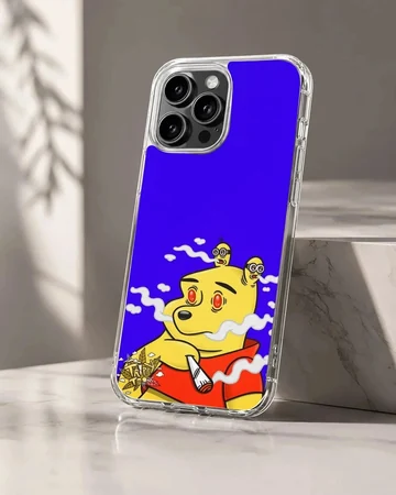 A vibrant cartoon character smoking a rolled cigarette against a bright blue background on a phone case